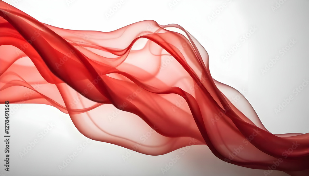 Translucent scarlet fabric dynamically flowing on a light backdrop Translucent scarlet fabric dynamically flowing on a light backdrop