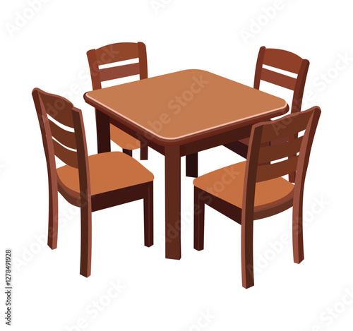 A wooden table with four chairs around it. The chairs are brown and the table is brown. The table is set for a family dinner. wooden table and chairs set vector illustration isolated on white 