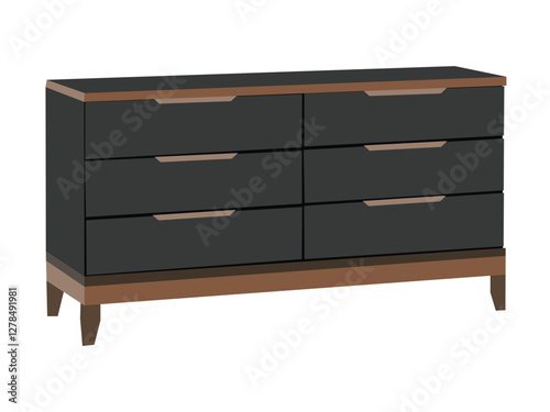 A black dresser with six drawers. The dresser is made of wood and has a brown finish. wooden chest of drawers isolated on white background