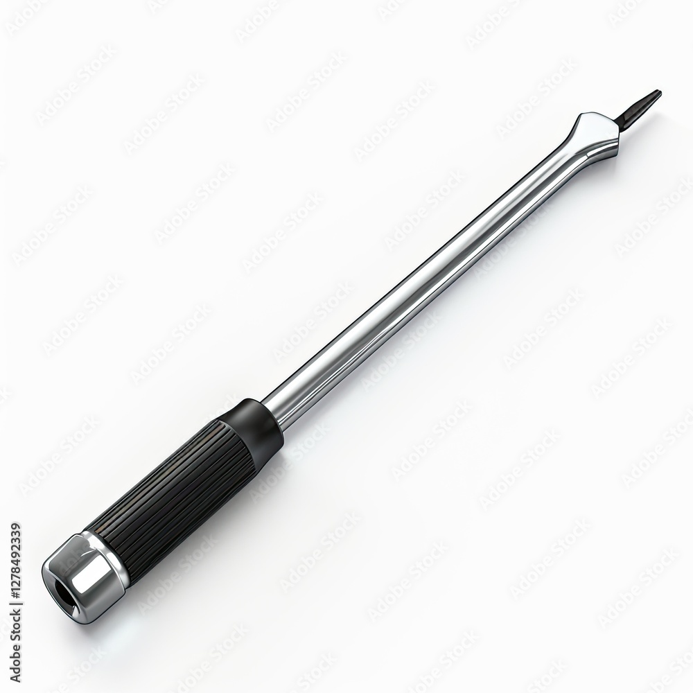 A chrome screwdriver with a black handle, designed for turning screws. isolated on white background A chrome screwdriver with a black handle, designed for turning screws. isolated on white background