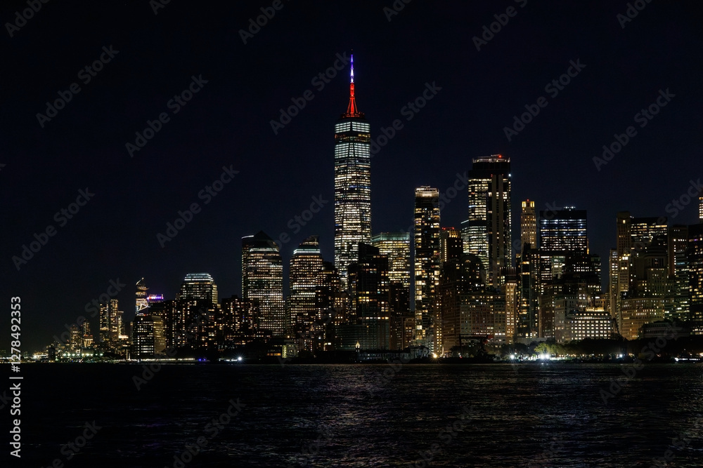 Obraz premium A night panorama of Manhattan downtown skyline, viewed from the river