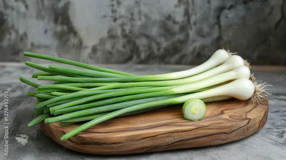 Fresh scallions wooden board kitchen Fresh scallions wooden board kitchen