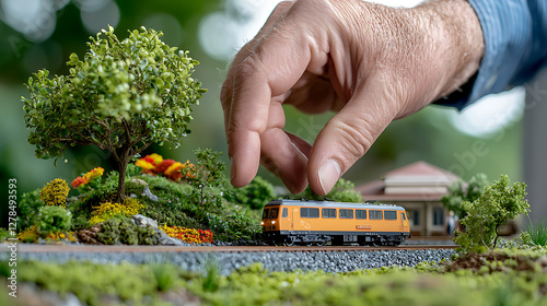 Model train engineer testing track switches in scenic garden setting miniature landscape close-up view hobby and passion