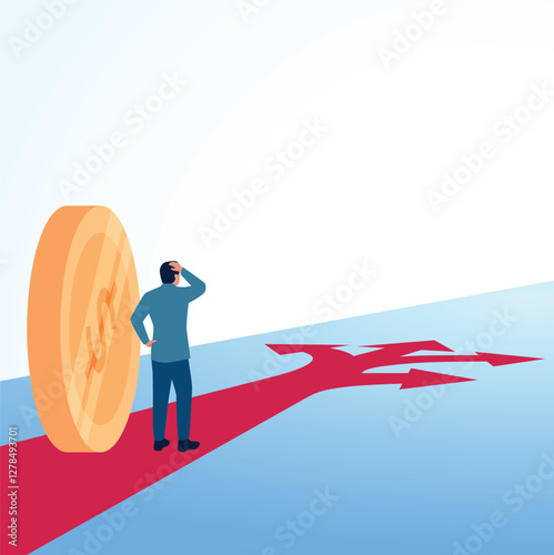 A confused man looking at a forked road with money. Illustration for financial management, financial planning and arrangement.