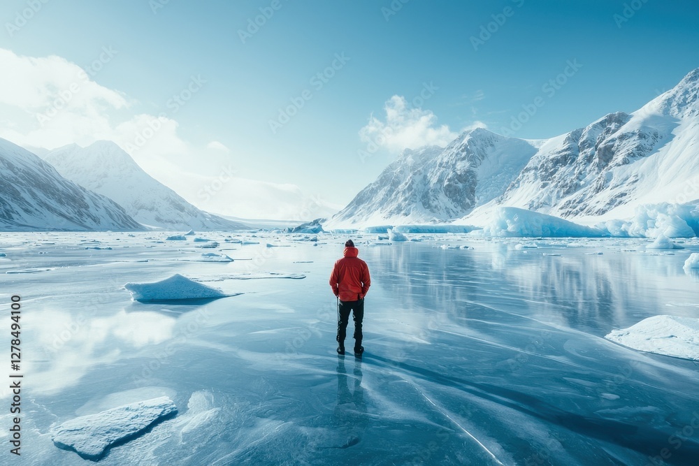 Hiker Standing on a Frozen Lake in the Arctic A lone figure stands in the middle of a vast, frozen lake, surrounded by towering icebergs Hiker Standing on a Frozen Lake in the Arctic A lone figure stands in the middle of a vast, frozen lake, surrounded by towering icebergs