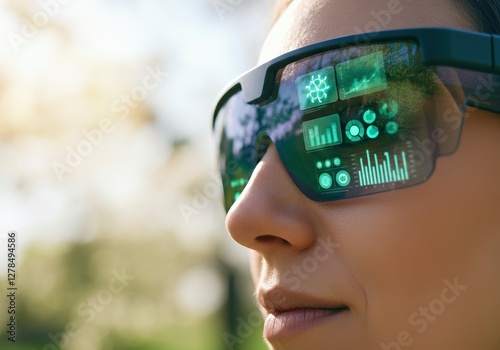 Female adult wearing augmented reality glasses analyzing data outdoors