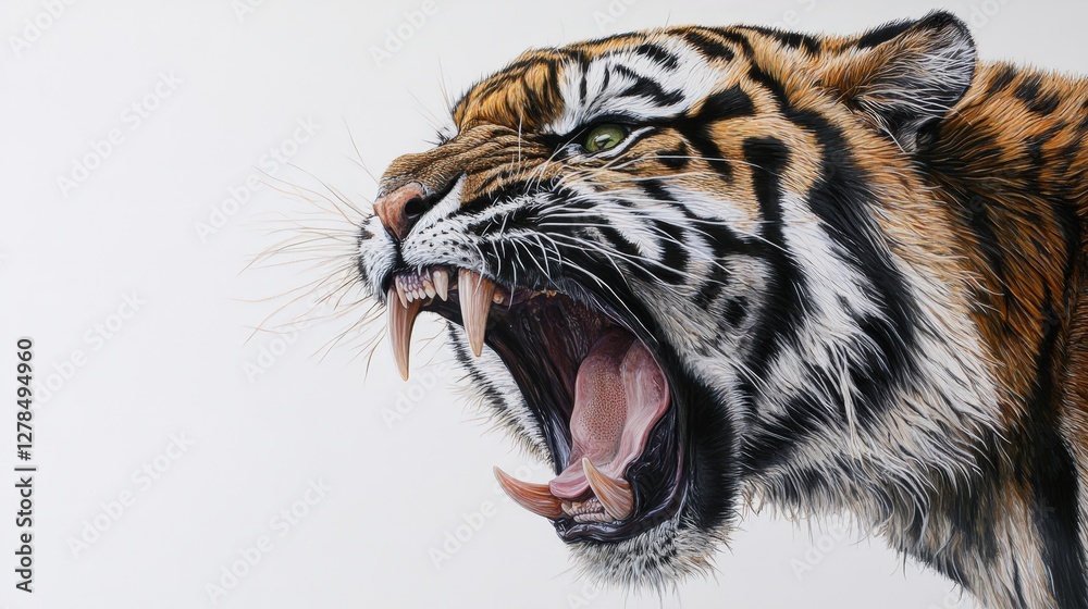 Obraz premium A majestic tiger's face emerges with an intense roar, showcasing gleaming fangs amidst lush, vibrant stripes that evoke power and wilderness in every detail