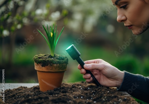 Young woman inspects potted plant using light technology to detect diseases. Eco-friendly high-tech inventions