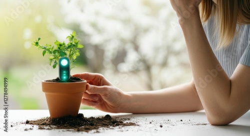 Female caucasian young adult using smart plant monitor for optimal plant growth