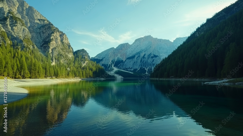 Turquoise mountain lake with clear water, surrounded by lush forest and towering peaks, a tranquil nature landscape for travel and outdoor adventure
Turquoise mountain lake with clear water, surrounded by lush forest and towering peaks, a tranquil nature landscape for travel and outdoor adventure