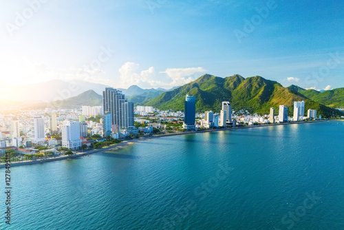 Fotografie Beach overlooking panorama aerial view city on the coast of Southeast Asia in th