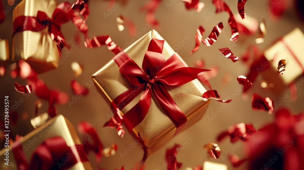 A gift wrapped in gold paper with a red bow flies in the air among other gifts, ribbons, glitter