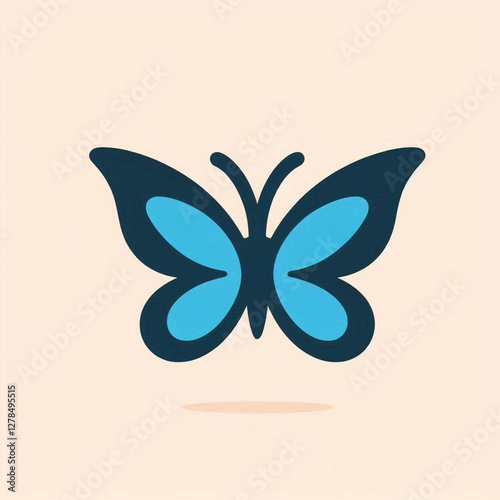 Abstract illustration of a blue butterfly with black edging, rendered in a flat, minimalist style