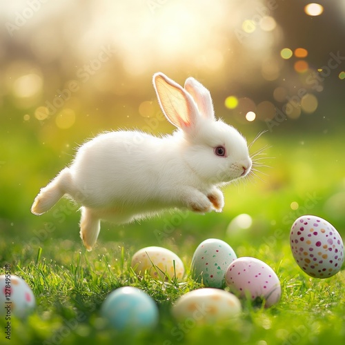 Obraz na płótnie A playful white bunny hops joyfully through grass surrounded by colorful Easter eggs. The glowing sunlight and soft bokeh create a warm, cheerful atmosphere full of life, spring, and vibrancy w salonie