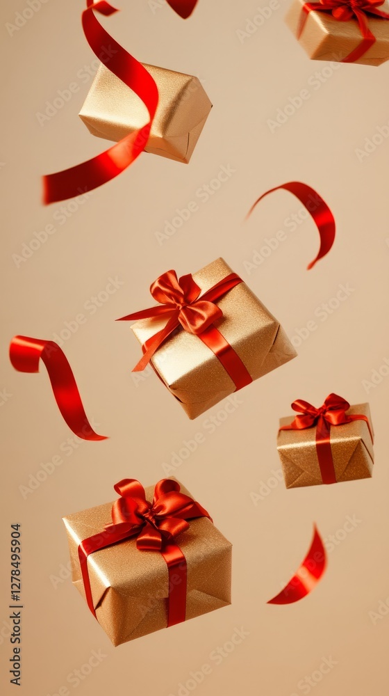A gift wrapped in gold paper with a red bow flies in the air among other gifts, ribbons, glitter