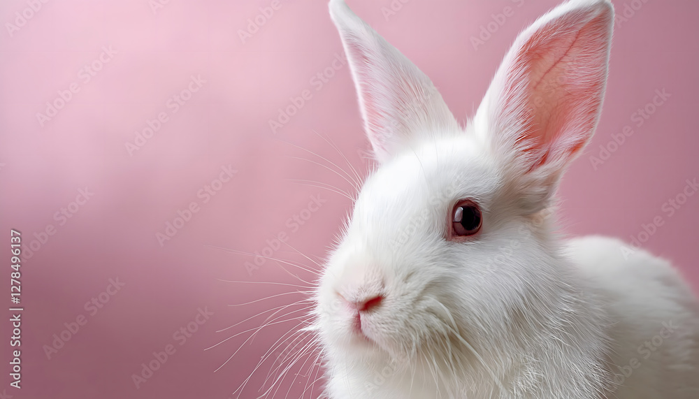 A close-up of a white rabbit against a soft pink backdrop, its delicate features and inquisitive gaze captured in detail. Generative AI. A close-up of a white rabbit against a soft pink backdrop, its delicate features and inquisitive gaze captured in detail. Generative AI.