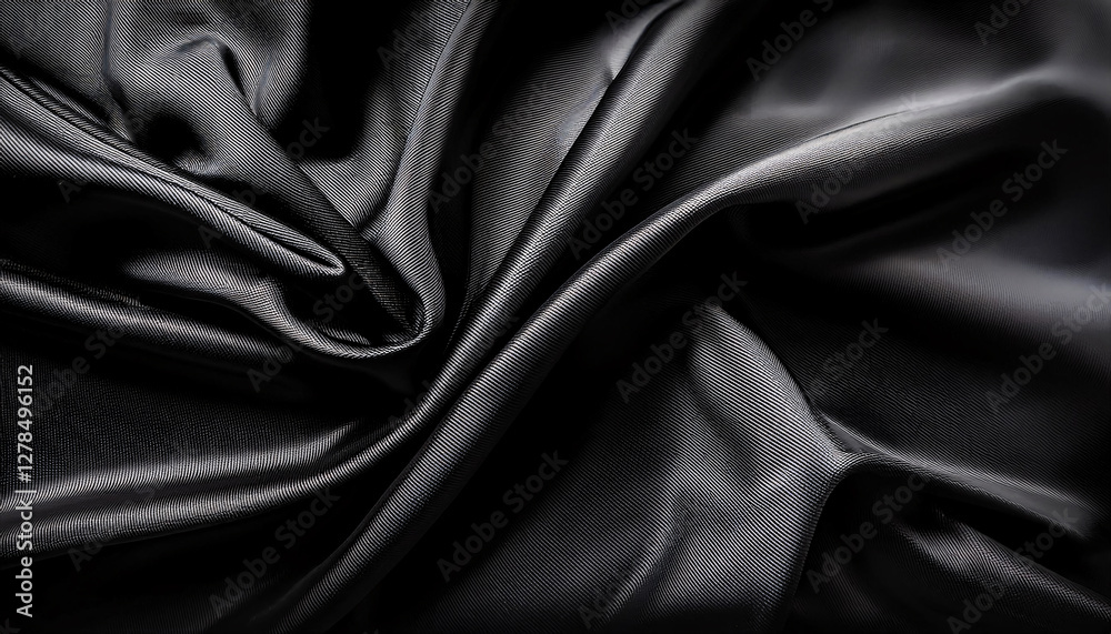 Fototapeta premium A close-up of black, shiny, and smooth fabric with intricate folds and textures, showcasing the material's luxurious and elegant appearance Generative AI