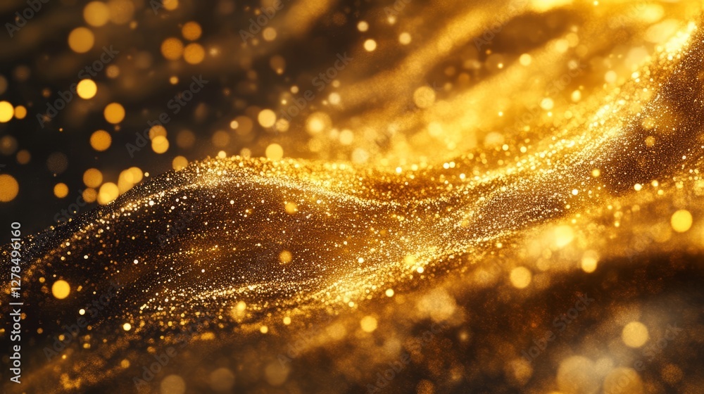 A mesmerizing wave of golden particles flows gracefully, glowing in soft light. The dynamic texture and shimmering highlights create a magical, luxurious atmosphere full of warmth and visual richness.
