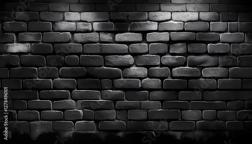 A dark, textured brick wall with varying shades of black and gray, illuminate...