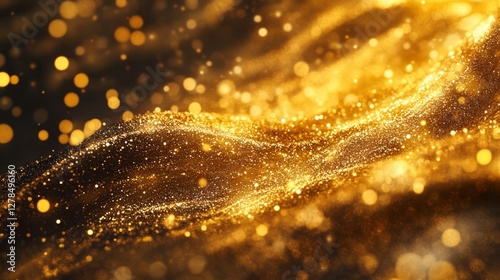 A mesmerizing wave of golden particles flows gracefully, glowing in soft light. The dynamic texture and shimmering highlights create a magical, luxurious atmosphere full of warmth and visual richness.