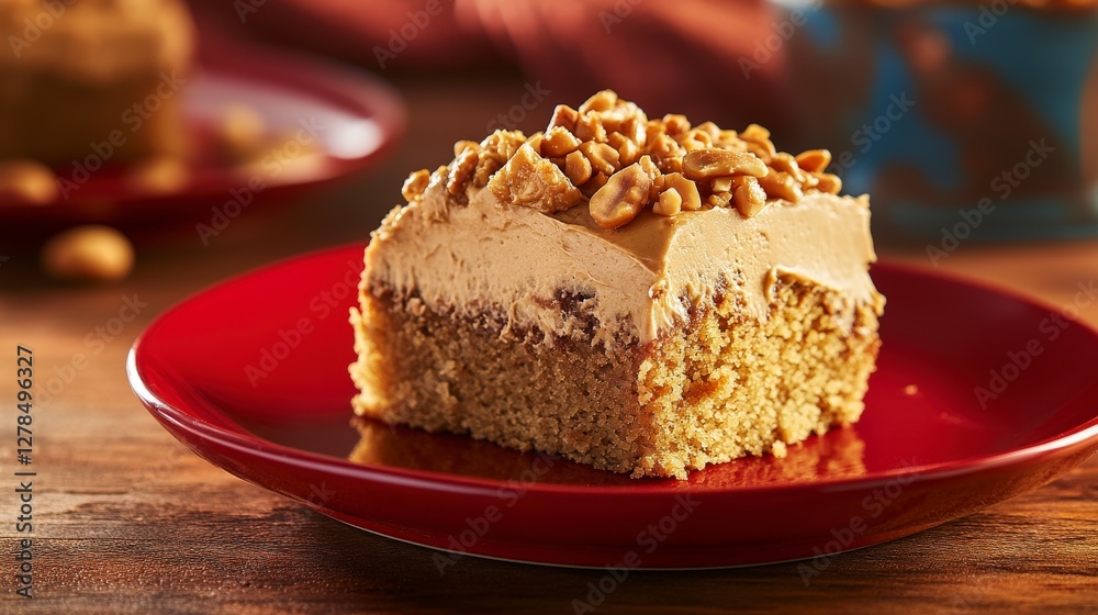 Scrumptious Peanut Butter Cake Slice with Creamy Frosting and Crunchy Peanuts Scrumptious Peanut Butter Cake Slice with Creamy Frosting and Crunchy Peanuts