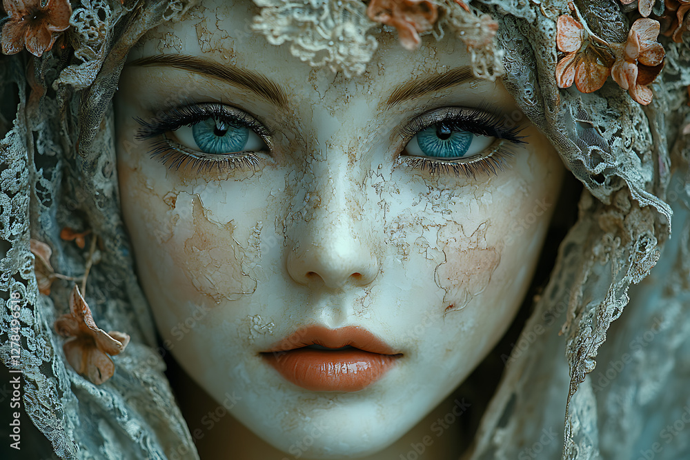 Fototapeta premium An artist creates a unique handmade doll with a porcelain face, carefully painting its delicate features in a cozy miniature workshop