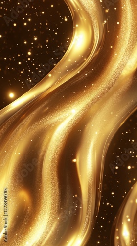 Obraz na płótnie A fluid wave of golden light flows elegantly, glowing with soft highlights and shimmering particles. The abstract design radiates luxury, warmth, and beauty, embodying movement and visual harmony w salonie