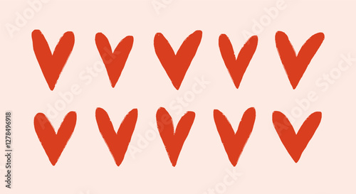 Cute drawn heart shapes in simple doodle drawing style. Red love symbols set for Valentine's day. Uneven irregular organic design elements. Freehand affection signs. Flat vector illustration