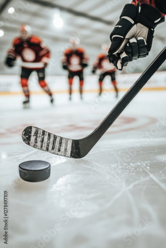 Close up of ice hockey stick on ice rink in position to hit hockey puck photo