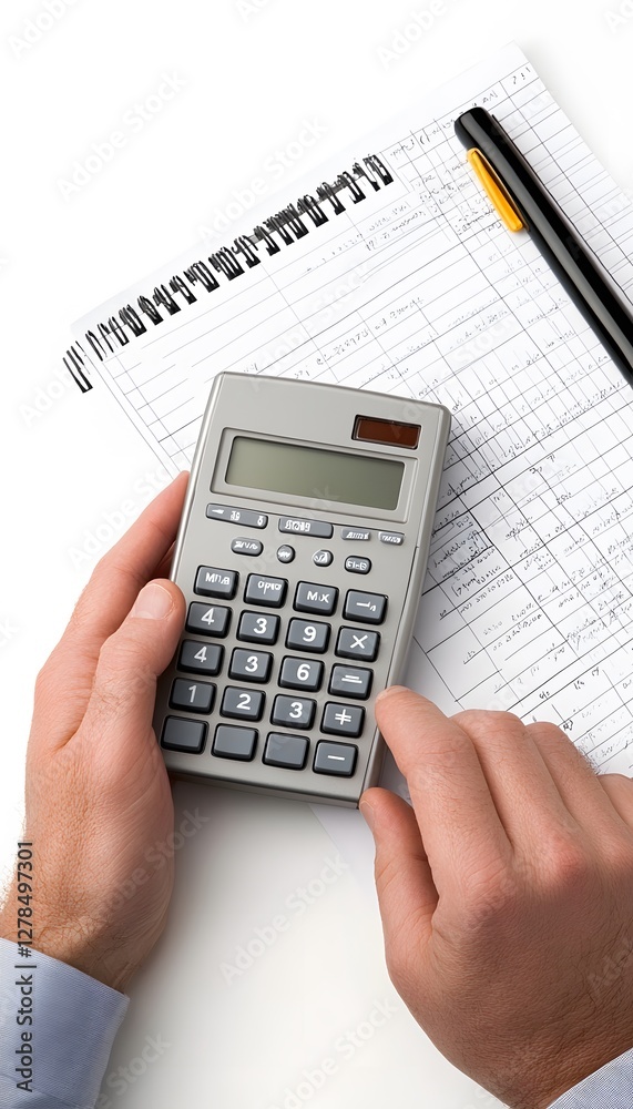 A man uses a calculator with a notebook and pen A man uses a calculator with a notebook and pen