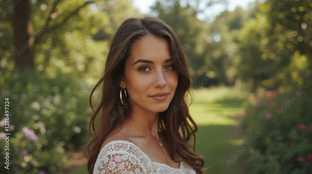 Girl with dark loose hair in a close-up in a garden among trees. Girl with dark loose hair in a close-up in a garden among trees.