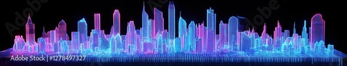 Futuristic Real Estate Abstract: Cyberpunk Energy Particles and Neon Fluid Grid. Geometric Liquid Architecture on Black Mirror Base. Light Pollution Glow for Investment Marketing Background. 