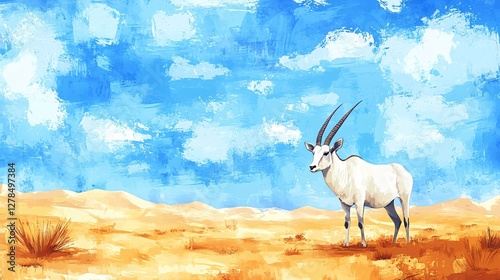 Scimitar Oryx Watercolor Painting Standing in a Desert Dune