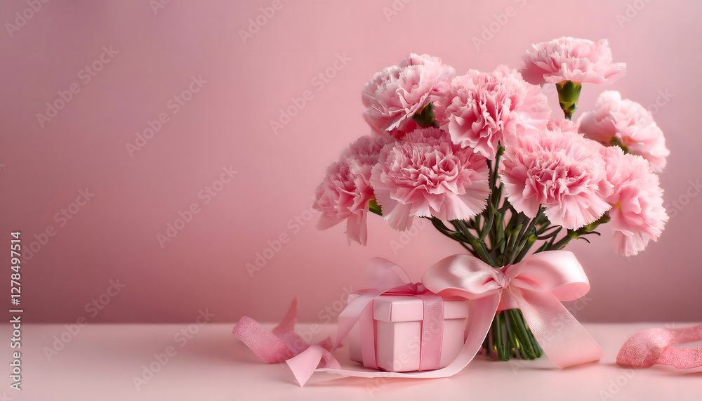 Obraz premium A bouquet of pink carnations tied with a pink ribbon lies next to a small gift box wrapped in brown paper and adorned with a pink ribbon on a pink background Generative AI