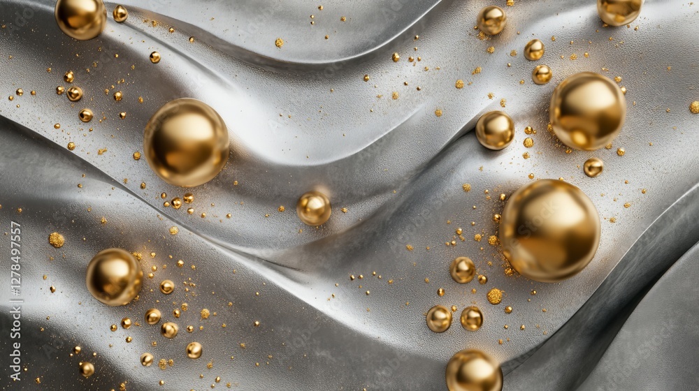 Golden spheres rest atop silky silver folds, surrounded by glittering accents. The abstract composition blends metallic luxury, smooth textures, and glowing details, exuding modern elegance
