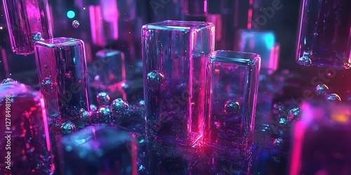 Futuristic Real Estate Abstract: Cyberpunk Energy Particles and Neon Fluid Grid. Geometric Liquid Architecture on Black Mirror Base. Light Pollution Glow for Investment Marketing Background. 