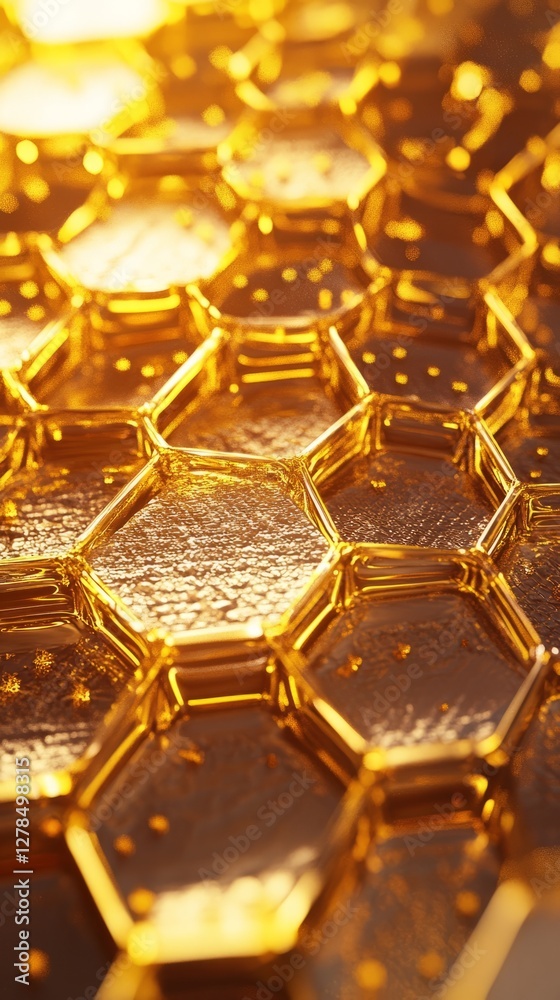 Golden honeycombs, fresh flower honey pours from above and fills the honeycombs
