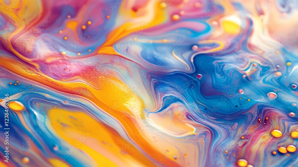 A vibrant mix of swirling colors like orange, pink, and blue creates a mesmerizing abstract pattern. The fluid motion, soft gradients, and glowing highlights exude creativity, energy
