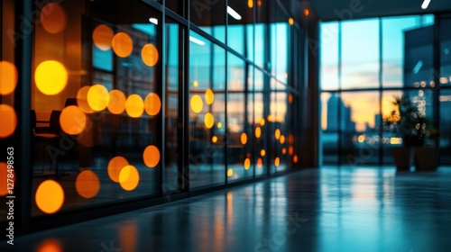 Abstract bokeh light in modern office, warm and elegant corporate environment, sleek glass walls, contemporary design