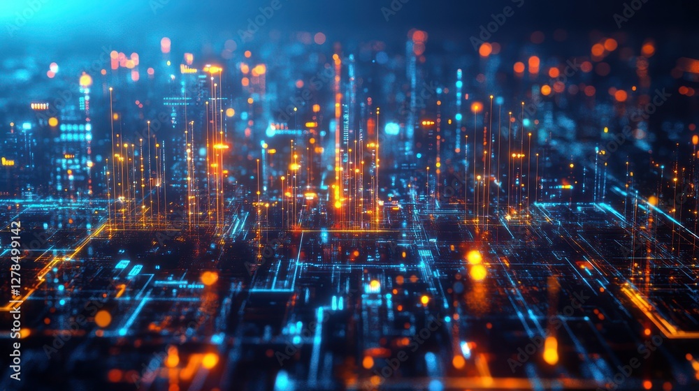 Digital Cityscape Data Flow, Tech Background Digital Cityscape Data Flow, Tech Background