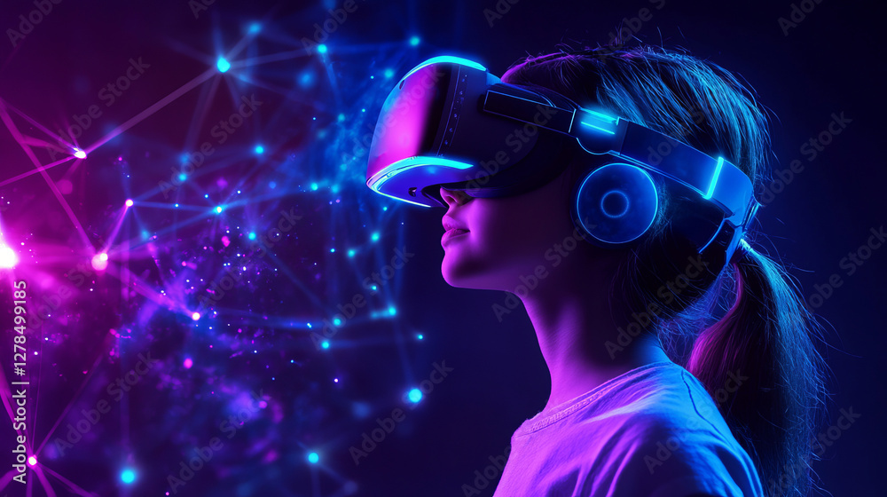 A girl wearing a VR headset is immersed in a futuristic digital world. Neon blue and pink lights intertwine with glowing connections, symbolizing virtual reality, limitless imagination.