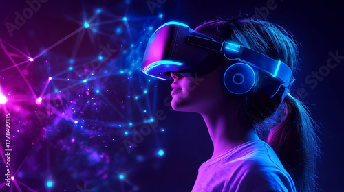 Obraz na płótnie A girl wearing a VR headset is immersed in a futuristic digital world. Neon blue and pink lights intertwine with glowing connections, symbolizing virtual reality, limitless imagination. w salonie