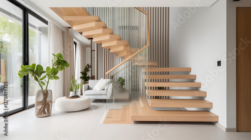 A large, open living room with a staircase leading up to the second floor