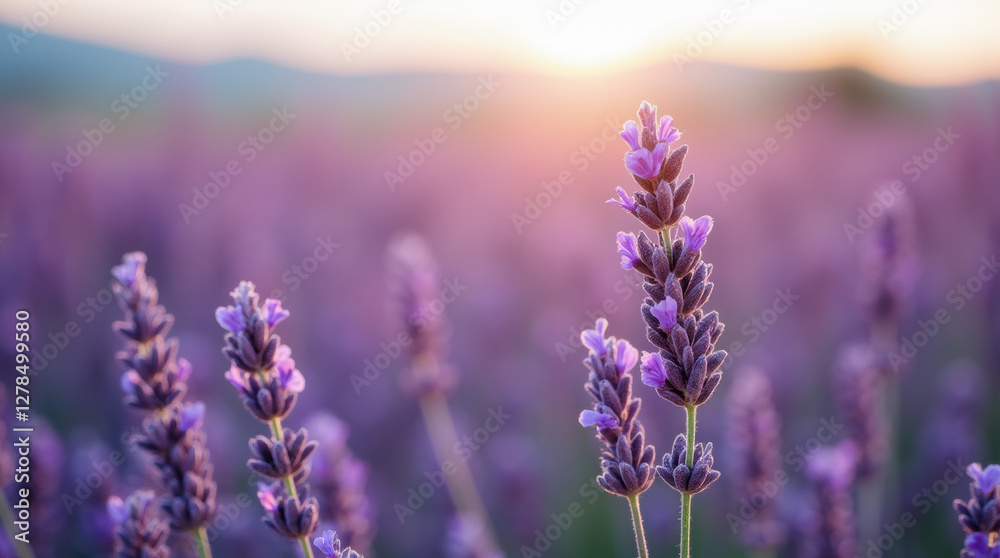 Close-up of lavender on a large field with a blurred background. Close-up of lavender on a large field with a blurred background.