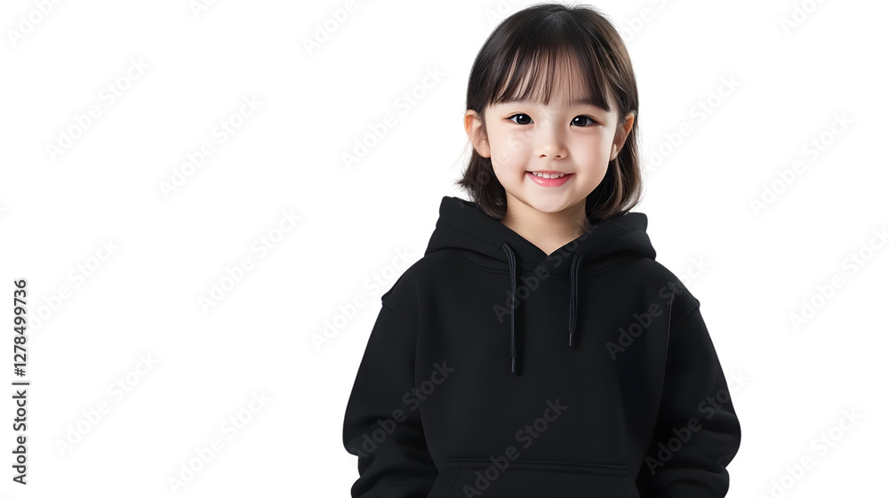 Portrait of a happy beautiful korean kid girl, with short haired bang style, wearing a black hoodie sweater and jeans, front view, mockup concept Portrait of a happy beautiful korean kid girl, with short haired bang style, wearing a black hoodie sweater and jeans, front view, mockup concept