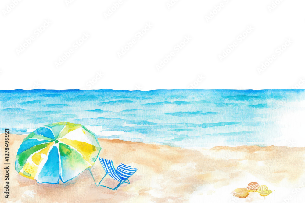 Watercolor sea beach, white isolated background Watercolor sea beach, white isolated background