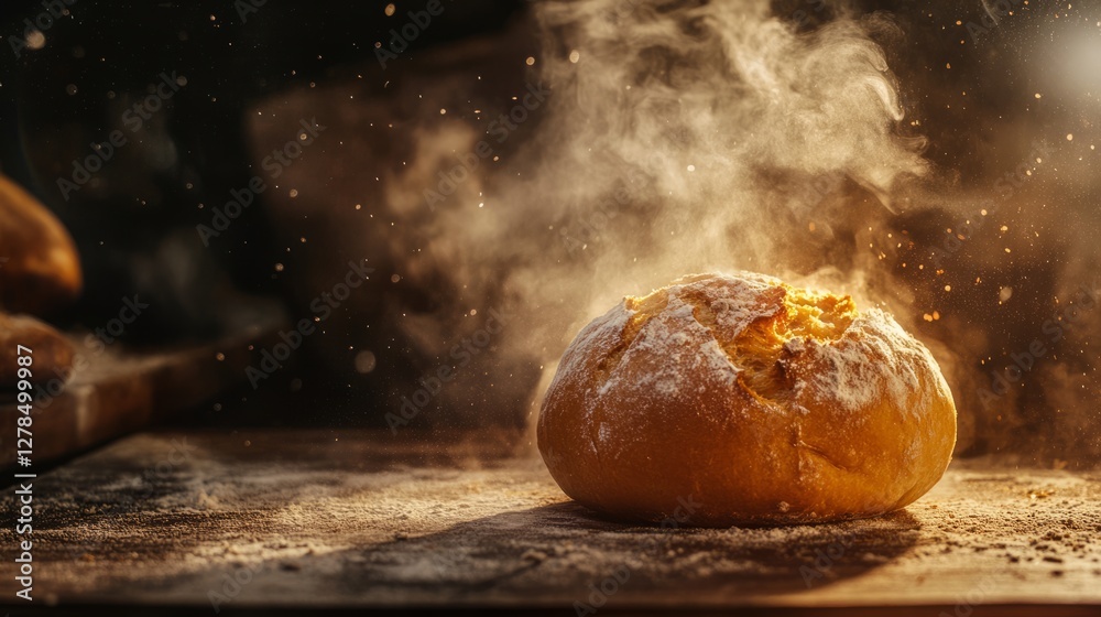 A steaming loaf of artisan bread sits in a dimly lit oven, surrounded by soft shadows. The golden crust and puffs of steam vividly capture the warmth, freshness, and art of rustic bread baking.