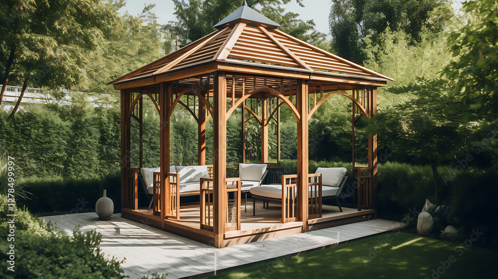 Naklejka premium A wooden gazebo with a roof and a bench inside