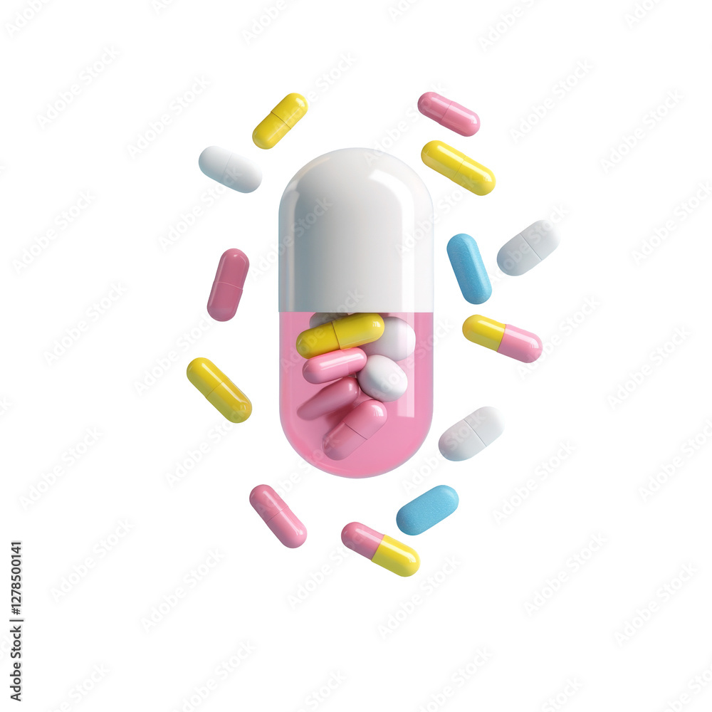 Multi-colored capsules and pills showcasing medicine and health concepts in modern design Multi-colored capsules and pills showcasing medicine and health concepts in modern design