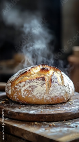 Obraz na płótnie Freshly baked steaming sourdough bread, with yeast, from the nearest bakery near home w salonie